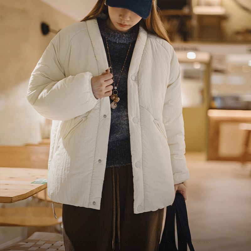 廓形道袍式棉服復古V領保暖防寒棉襖簡約厚麵包服外套冬季女