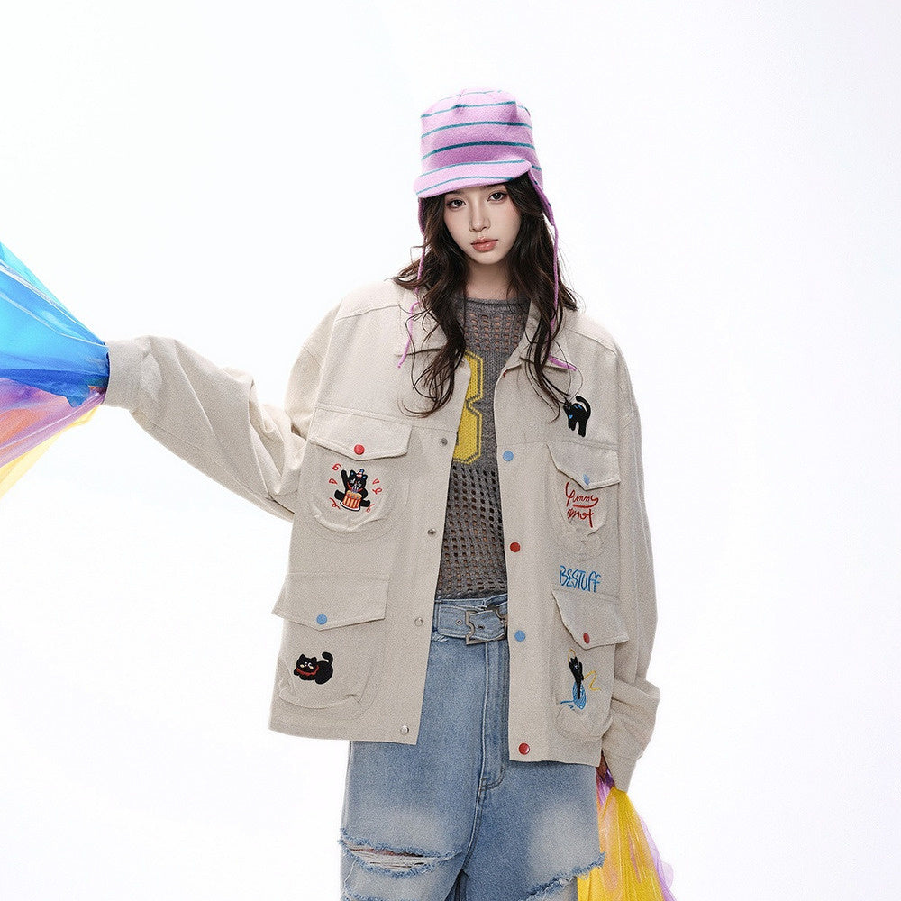 復古設計感工裝外套女春季新款街頭刺繡夾克寬鬆百搭上衣