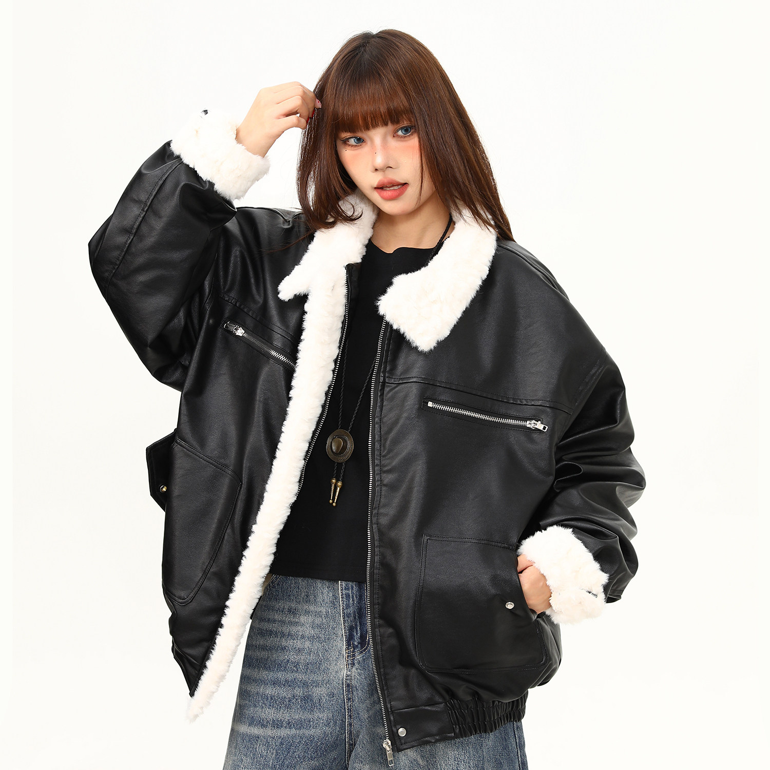 皮毛一體羊羔絨翻領PU皮衣棉服女冬季美式潮牌機車服外套