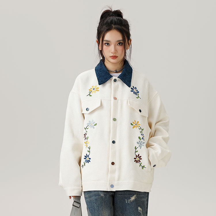 美式復古國潮刺繡夾克外套女工裝巴恩風拼色春秋款棒球服