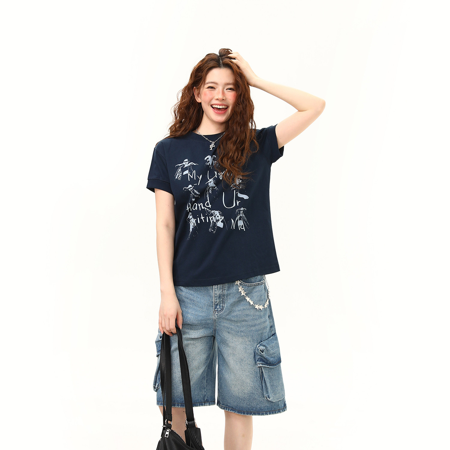 美式復古搖滾人像夏季潮流正肩短袖T恤女短寬鬆百搭上衣