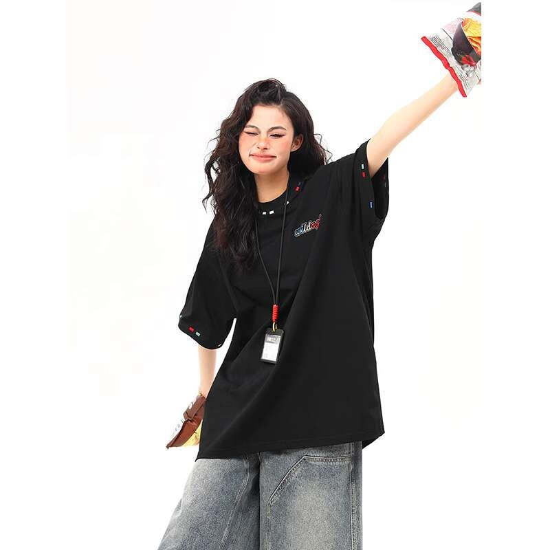 美式復古國風彩虹刺繡夏季凉感短袖T恤女寬鬆百搭