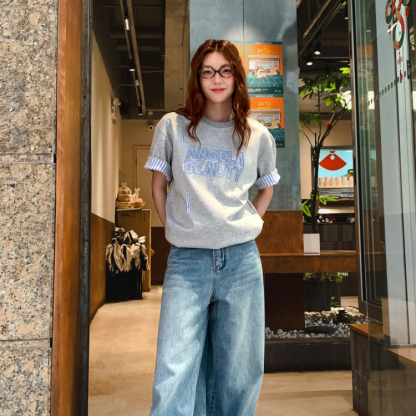 復古高級設計感刺繡斑斕拼色短袖t恤女寬鬆