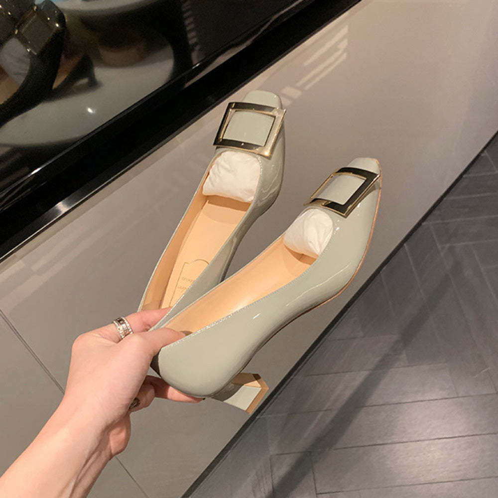 經典方扣小方頭淺口高跟鞋女夏粗跟平底通勤單鞋