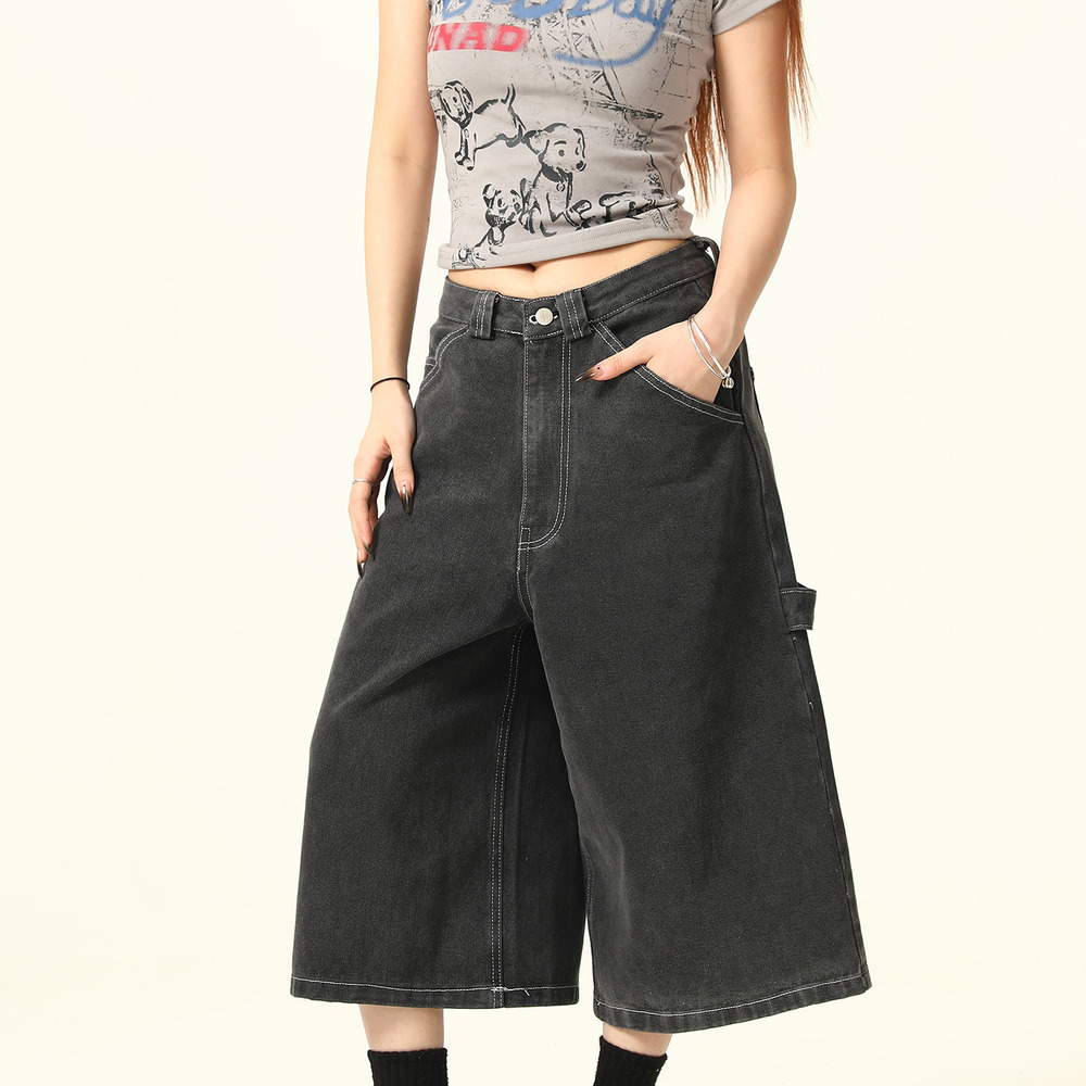 美式復古vintage水洗牛仔七分褲女夏季寬鬆休閒短褲