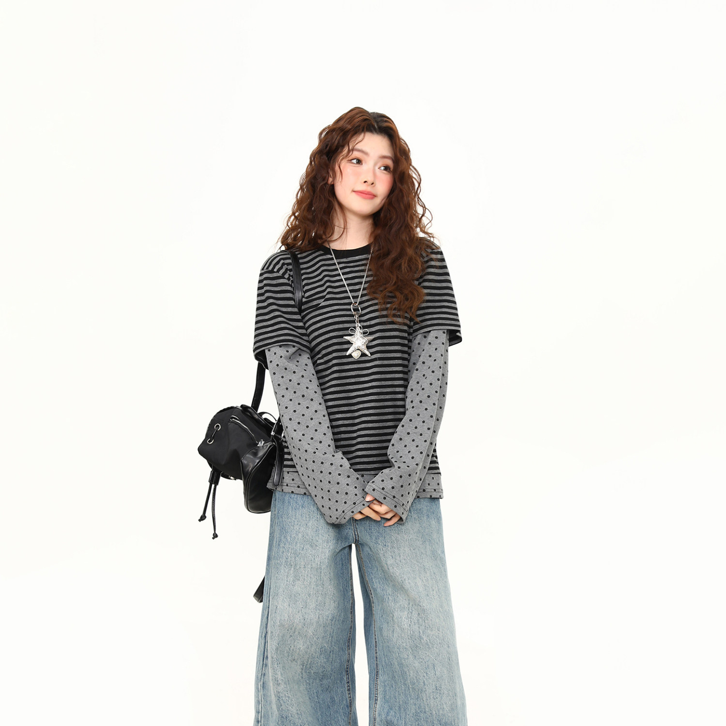 春季新款條紋假兩件波點長袖T恤女短寬鬆百搭設計感上衣