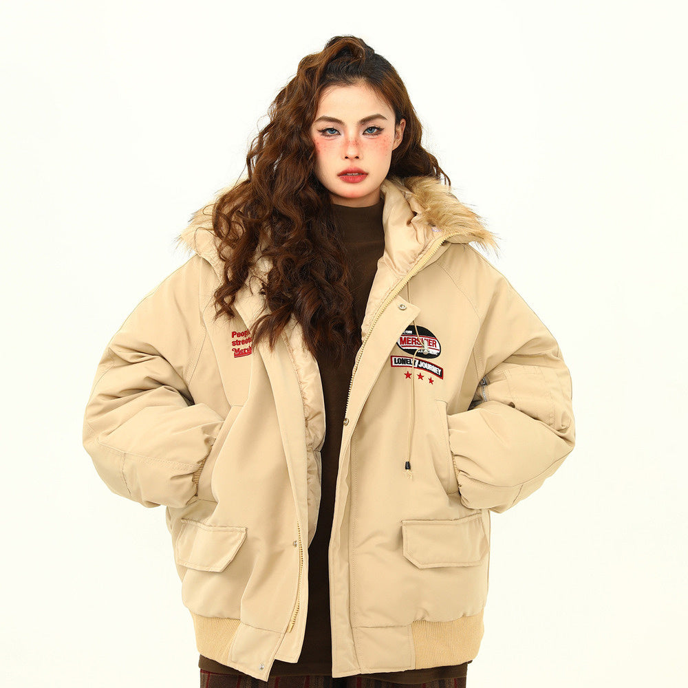 美式復古座山雕毛領冬季棉服外套女工裝風派克服連帽棉衣