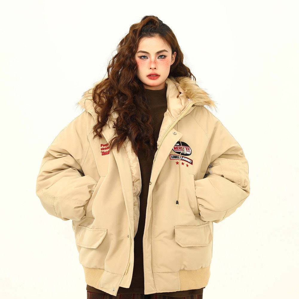 美式復古座山雕毛領冬季棉服外套女工裝風派克服連帽棉衣