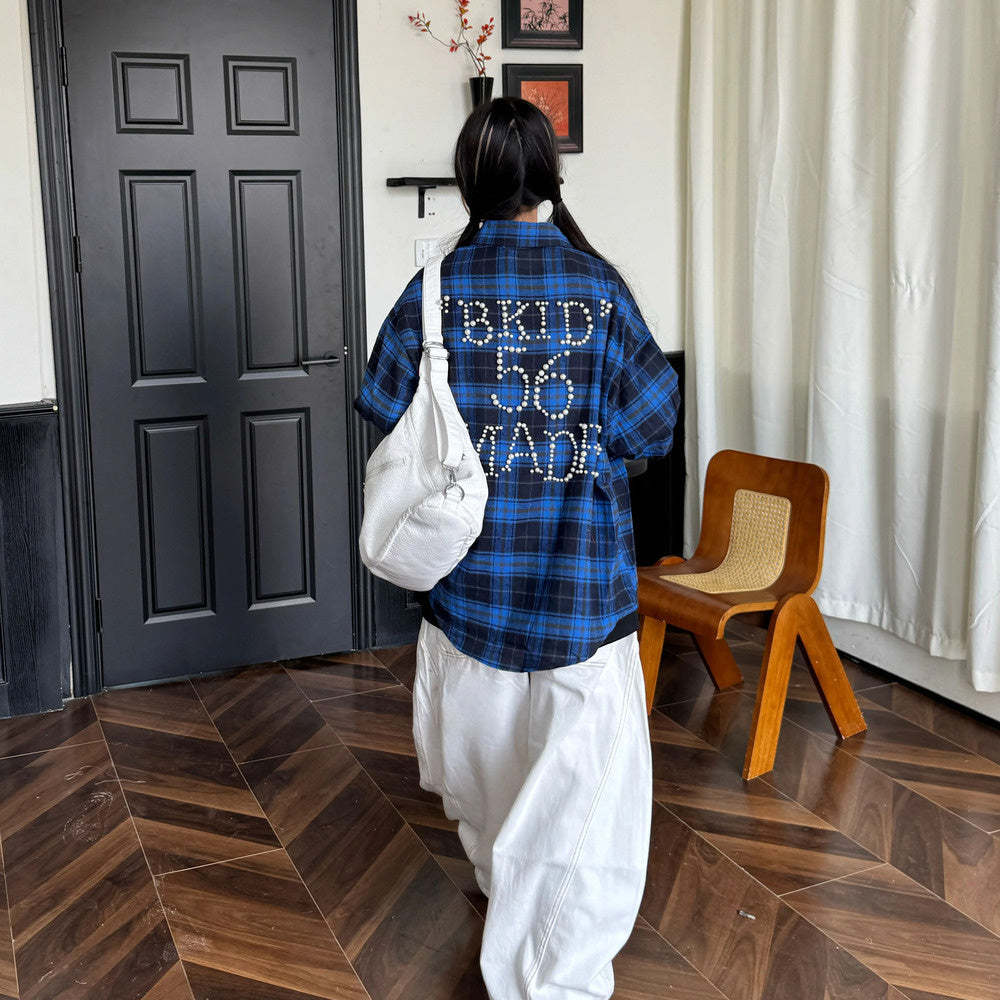 美式復古珍珠字母格紋襯衫長袖春夏休閒女同款外套襯衣