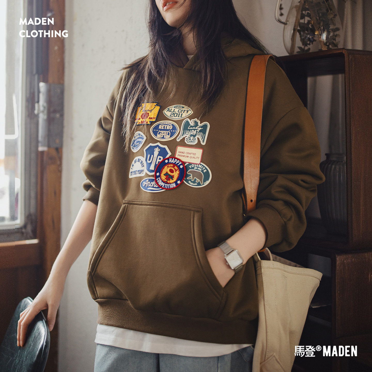 咖色美式重磅寬鬆搖粒絨加絨加厚徽章套頭連帽衫衛衣女士秋冬