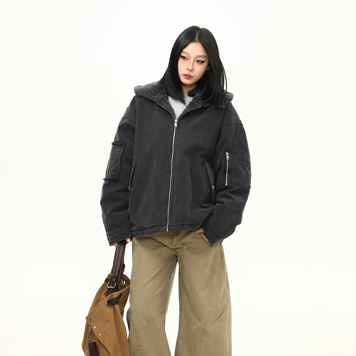 美式水洗重磅冬季棉服女毛絨連帽設計感加厚保暖棉衣外套