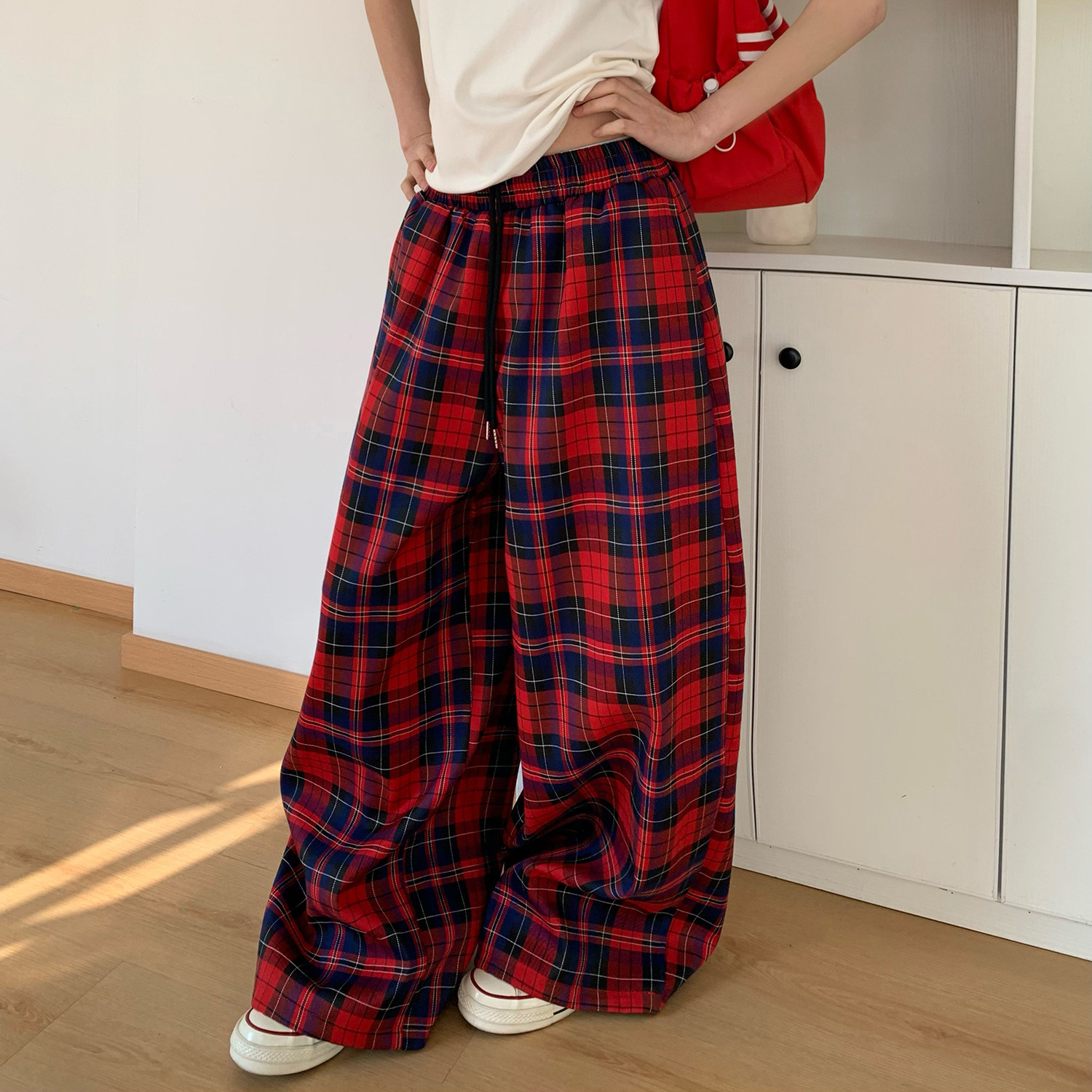 美式復古紅色格紋休閒褲子女寬鬆直筒闊腿格子褲潮流百搭