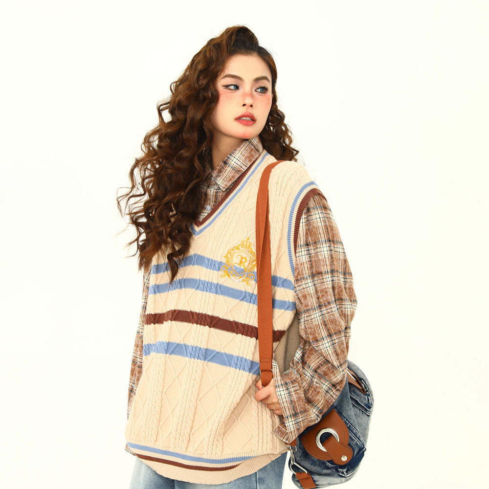 美式復古學院風假兩件毛衣女秋冬寬鬆格子針織衫上衣