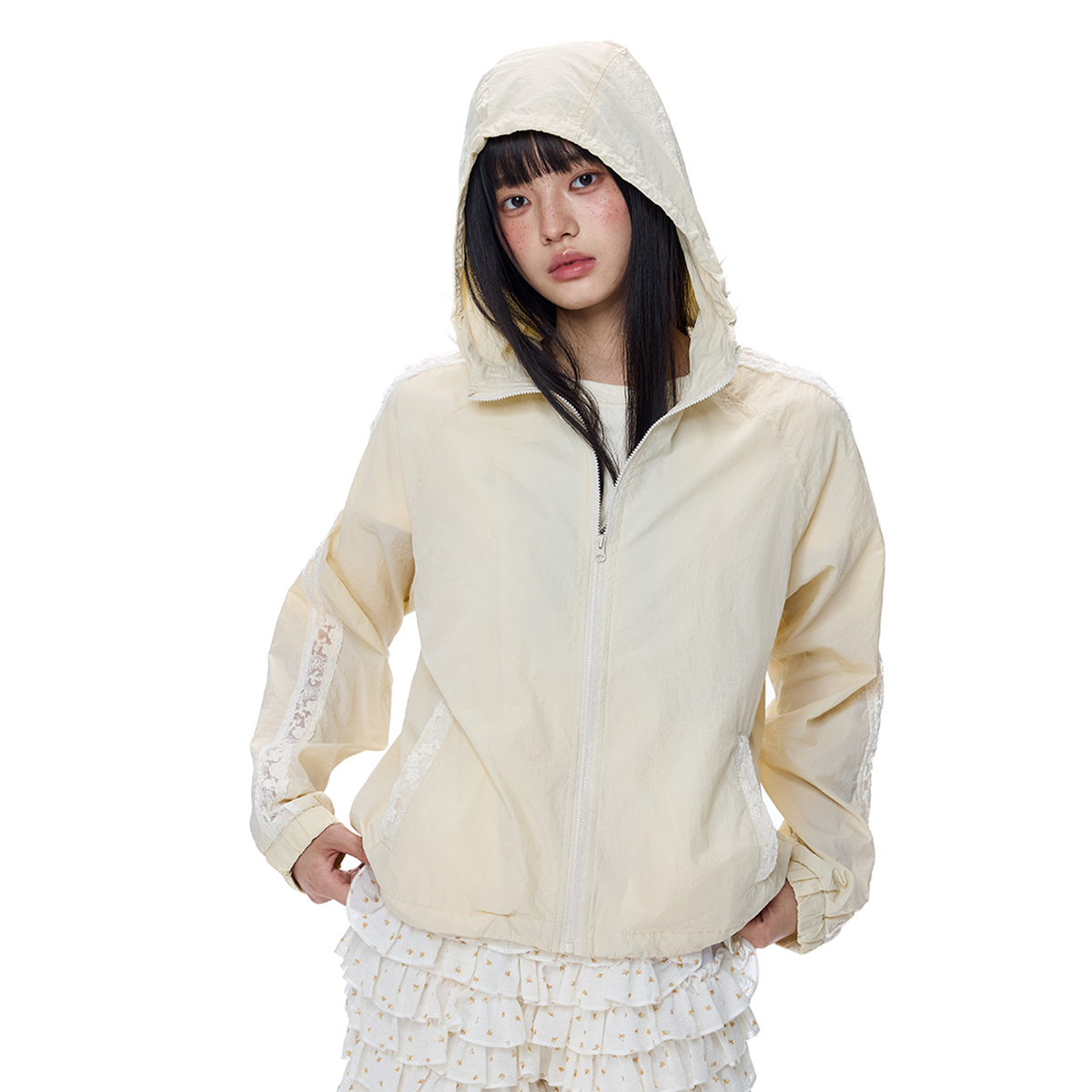 蕾絲拼接UPF50+米色防曬衣女2025年夏季新款戶外連帽防曬服