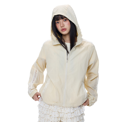蕾絲拼接UPF50+米色防曬衣女2025年夏季新款戶外連帽防曬服