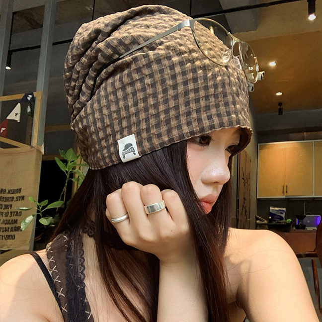日系復古棕色格紋包頭帽夏天少女頭巾薄款防曬發巾藝術感新品配飾