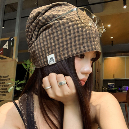 日系復古棕色格紋包頭帽夏天少女頭巾薄款防曬發巾藝術感新品配飾