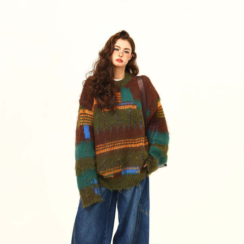 不規則拼接設計感馬海毛毛衣女秋季復古寬鬆慵懶風針織衫