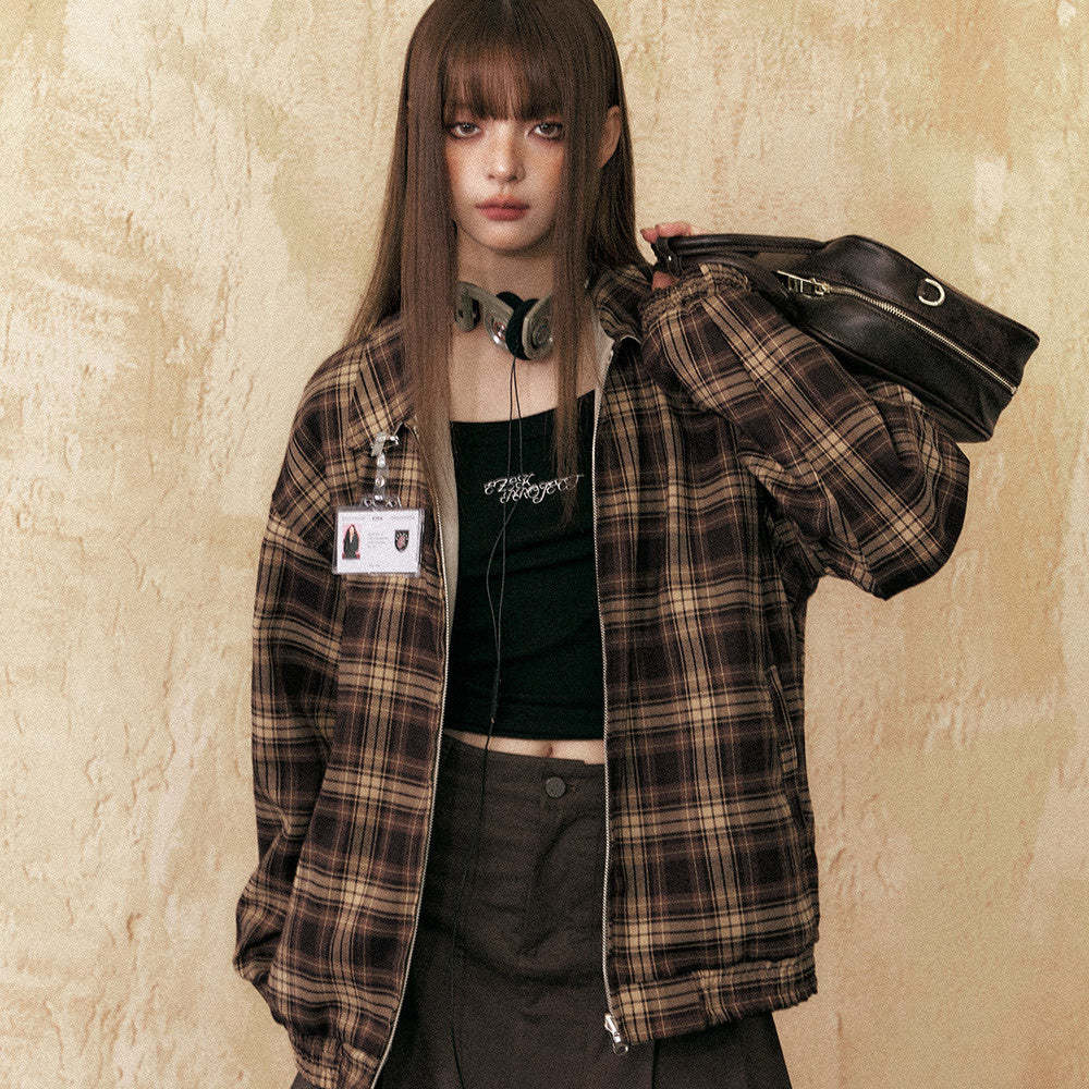 美拉德復古格子外套女春秋拉鍊長袖兩面穿百搭夾克上衣