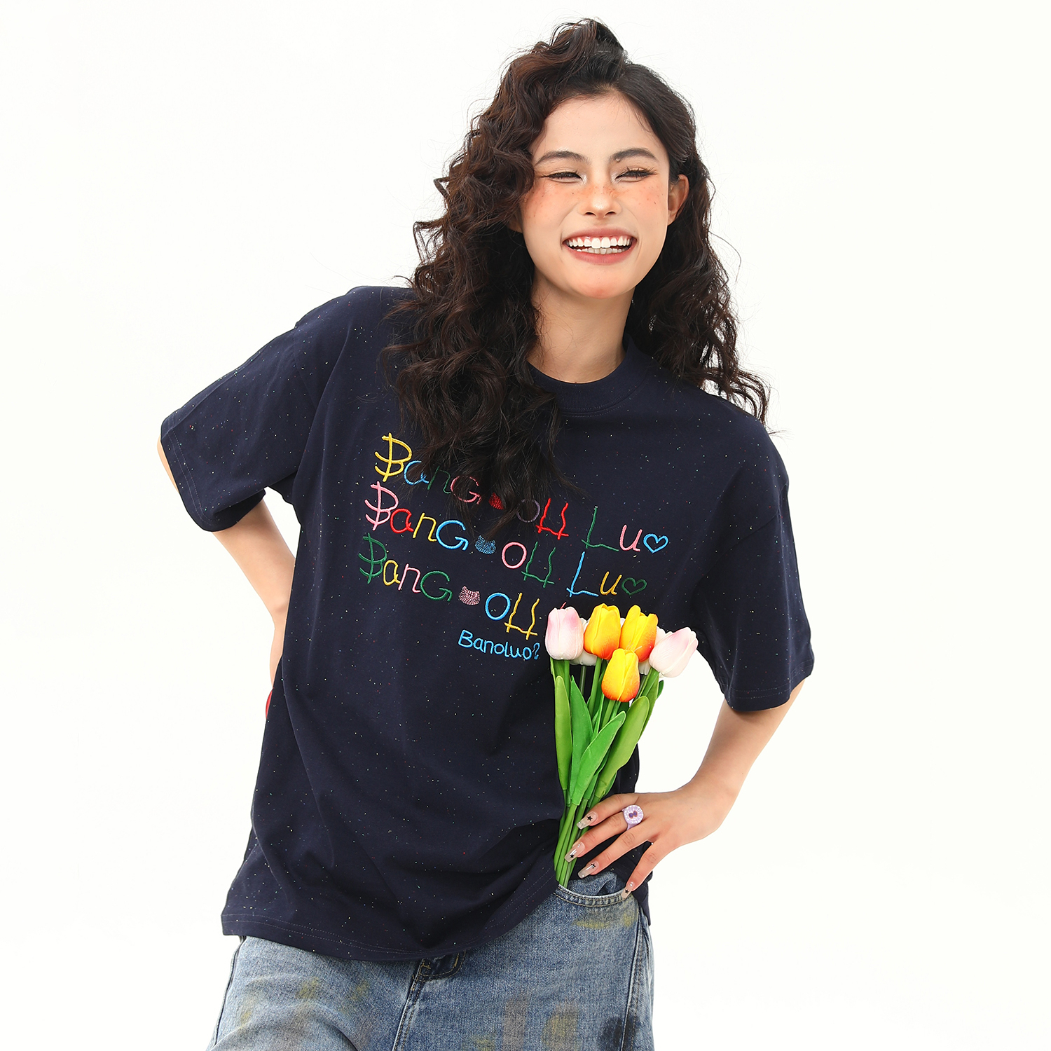 網點滿天星設計感寬鬆短袖T恤女彩虹字母百搭美式上衣