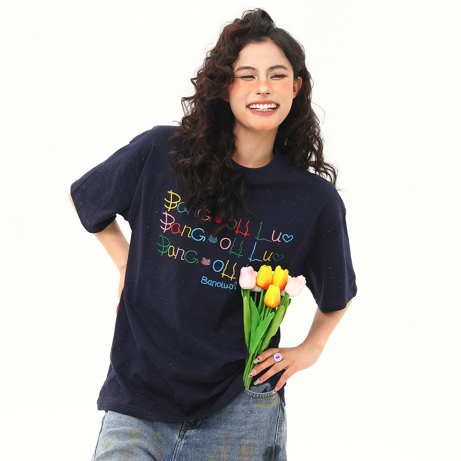 網點滿天星設計感寬鬆短袖T恤女彩虹字母百搭美式上衣