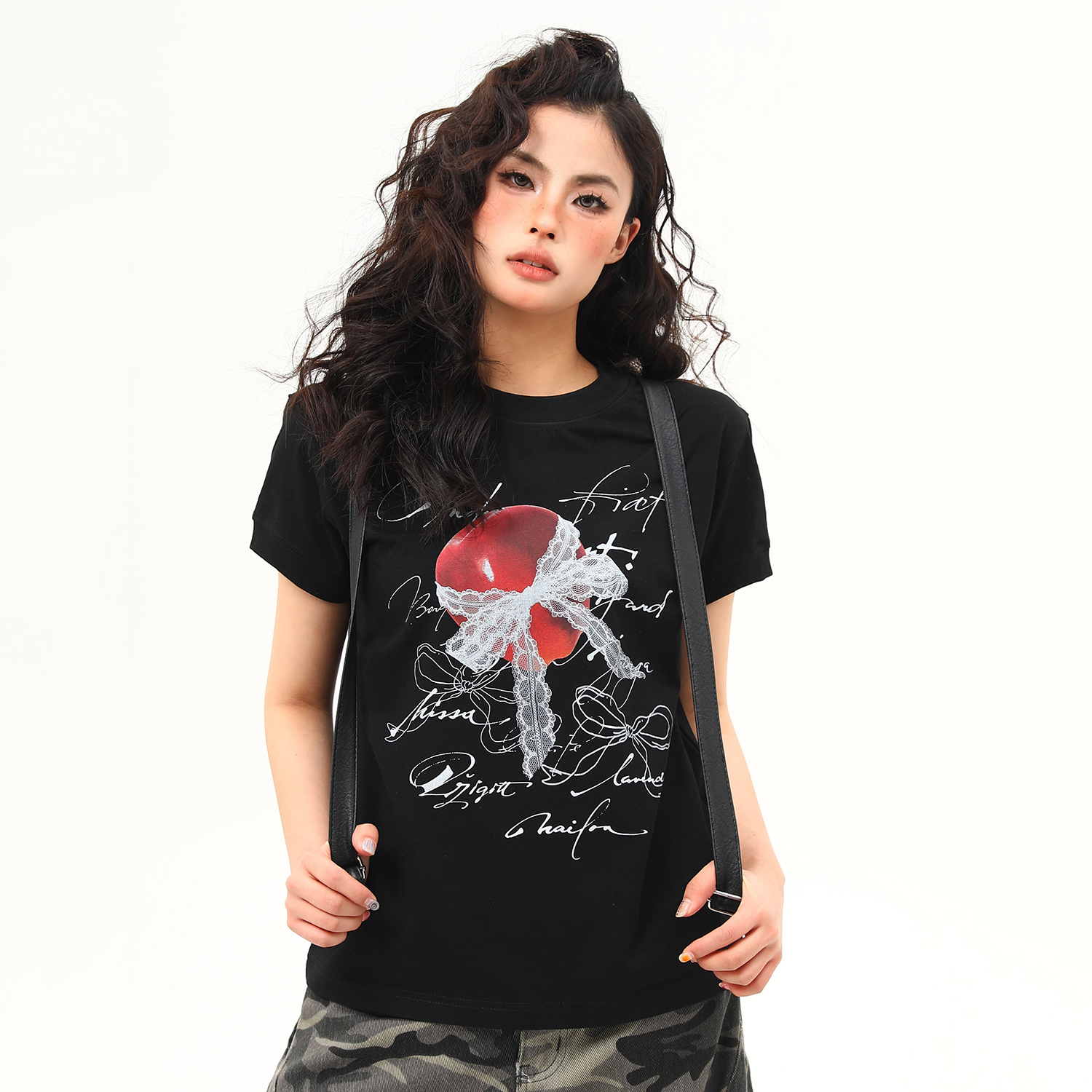 美式復古設計感印花boxy正肩T恤女夏季百搭顯瘦短款短袖