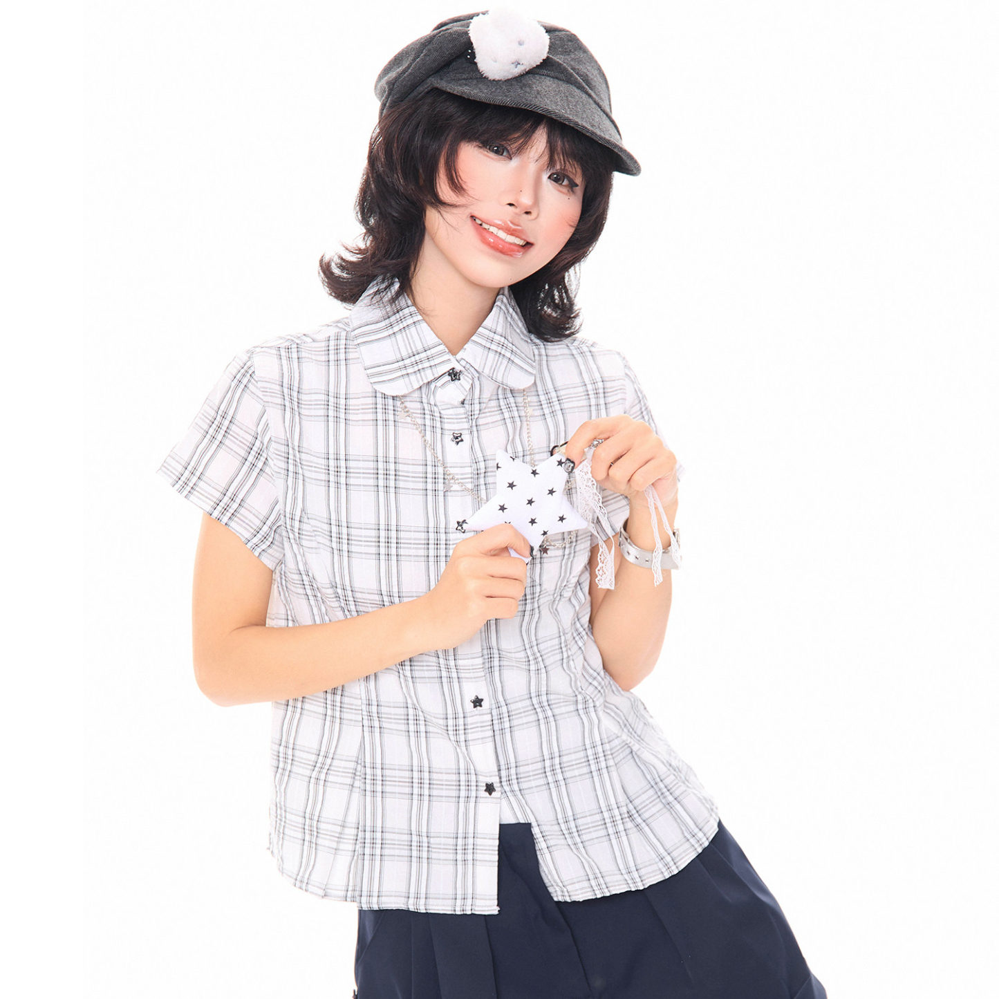 韓系少女星星掛飾格子正肩短袖襯衫女夏季小個子修身短款上衣