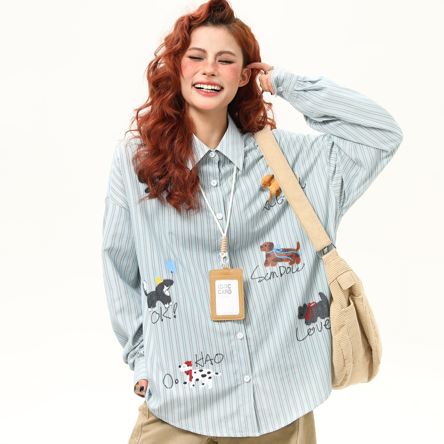 美式復古小狗印花豎條紋長袖襯衫女早秋寬鬆百搭襯衣