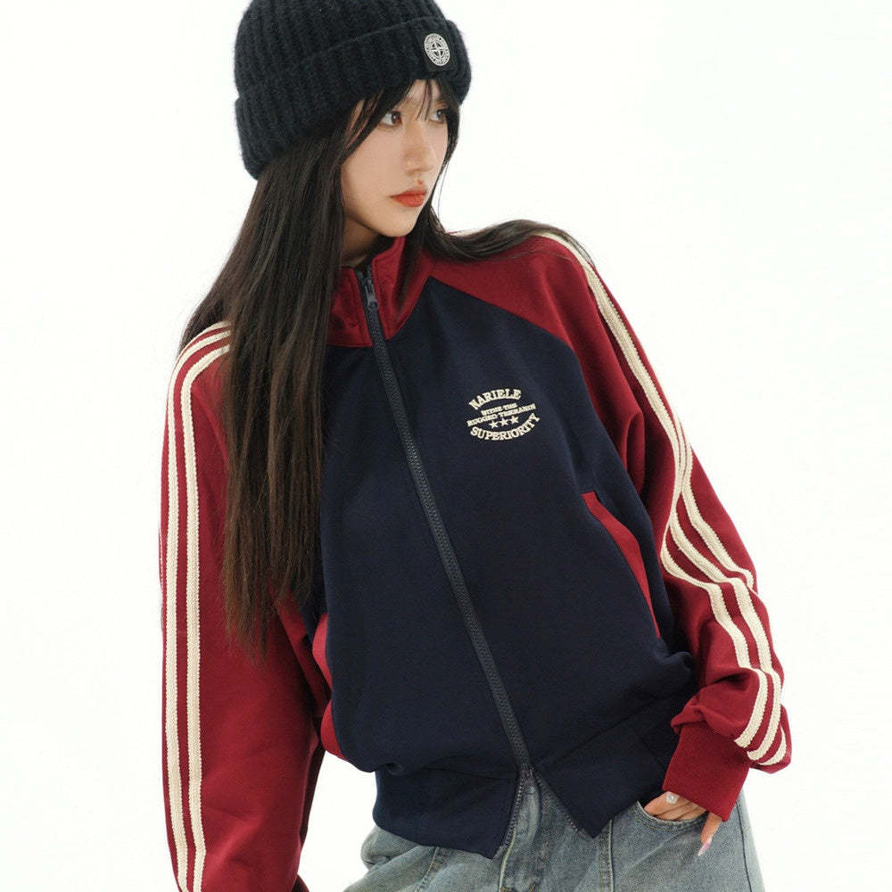 美式復古學院風辣妹短款拉鍊開衫女條紋拼色立領休閒外套