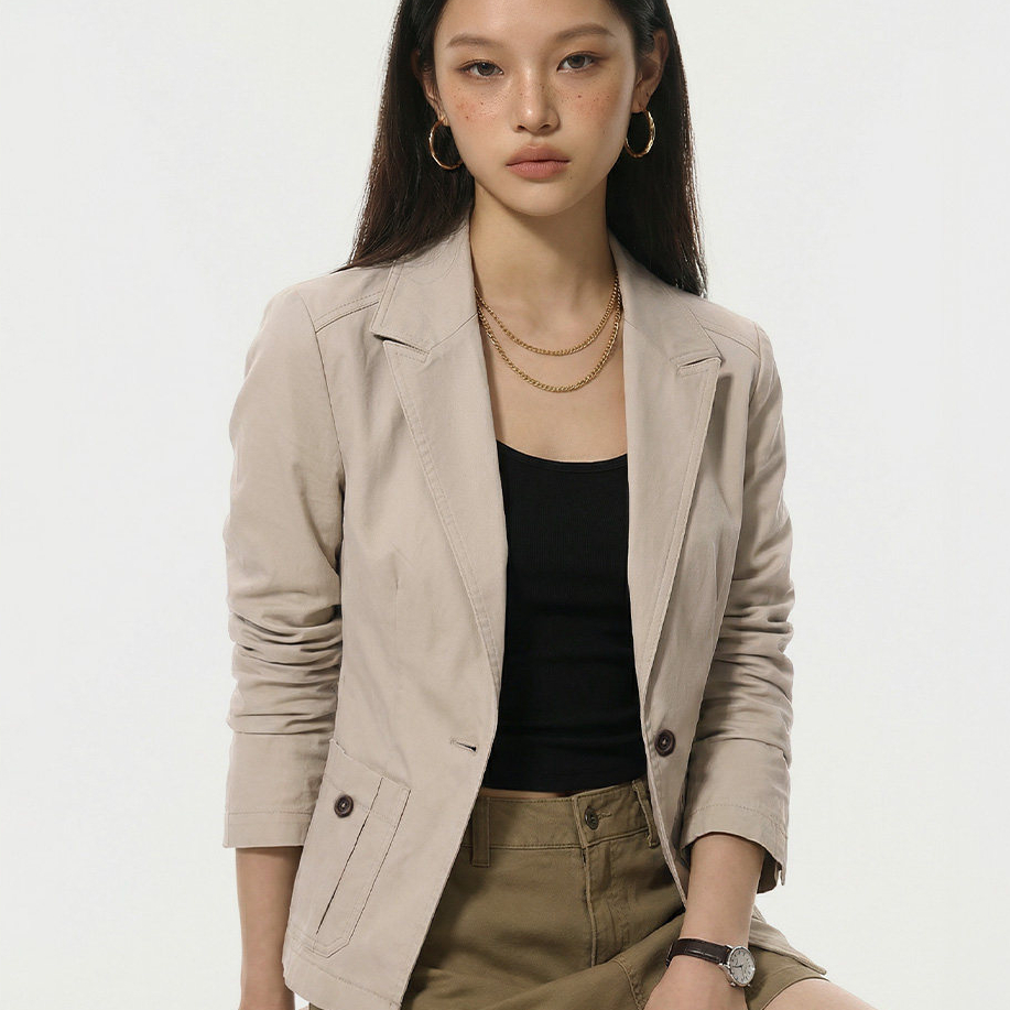 卡其色戧駁領單排扣休閒正肩收腰修身小西裝短夾克外套女士春