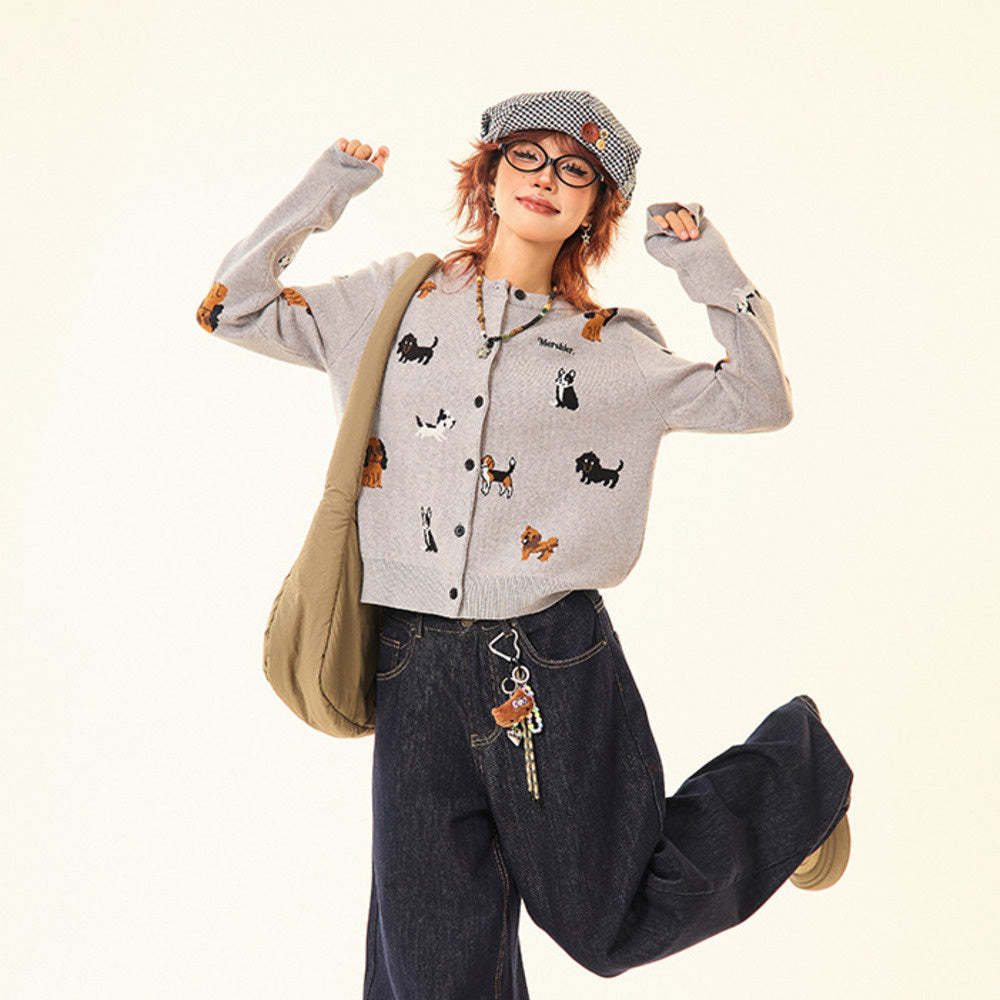 美式復古灰色小狗開衫毛衣女秋冬慵懶風顯瘦針織衫短款外套