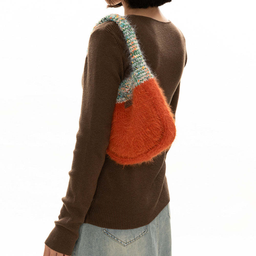 針織包可愛拼接撞色毛線手提包毛茸百搭手拎手機包