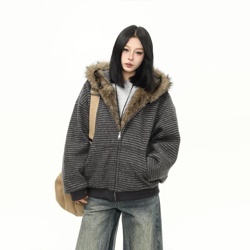 冬季加絨條紋連帽衛衣女美式復古重磅毛領開衫加厚外套