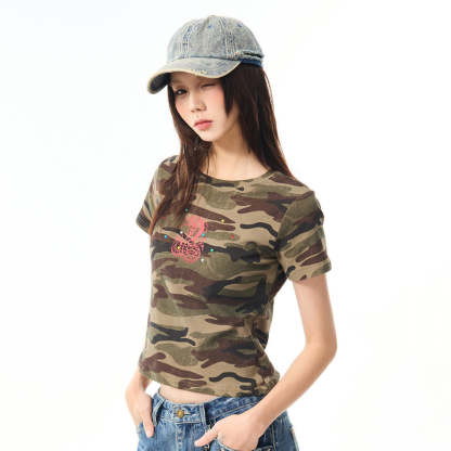 美式復古蛇年燙鑽迷彩正肩短袖t恤女夏季辣妹修身短款上衣