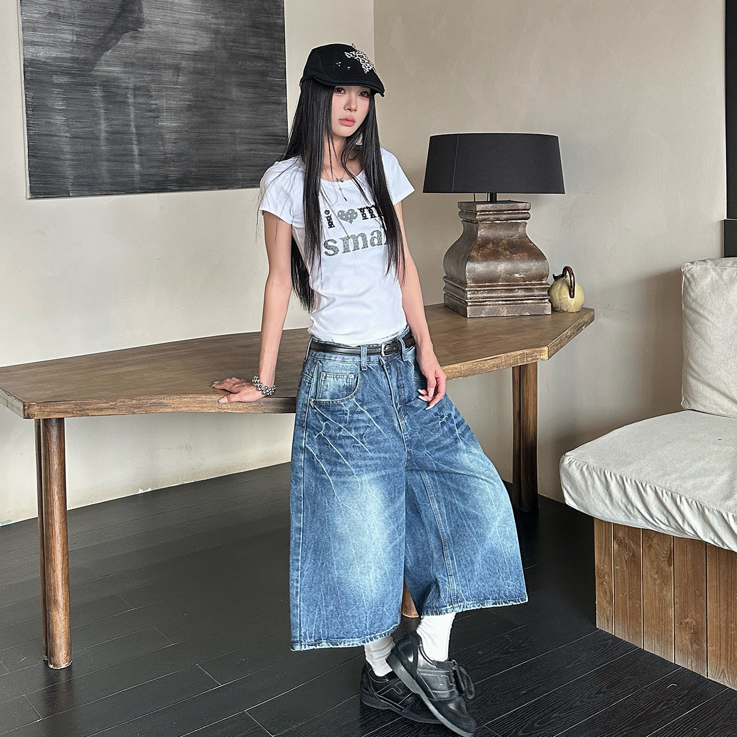 美式復古水洗閃電紋寬鬆七分牛仔褲女街頭潮流寬鬆短褲子
