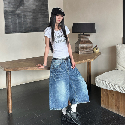 美式復古水洗閃電紋寬鬆七分牛仔褲女街頭潮流寬鬆短褲子