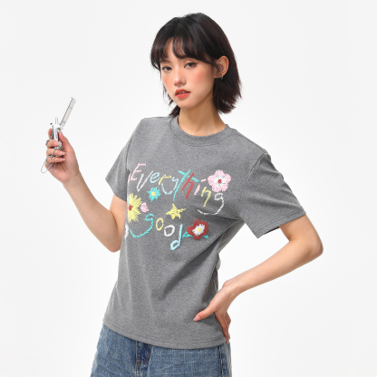 復古花朵設計感正肩T恤女夏季休閒圓領微寬鬆短款短袖