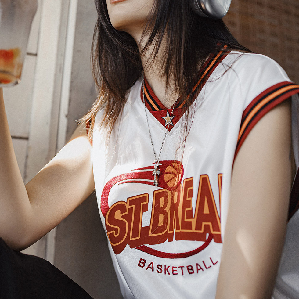 夏日高街運動寬鬆籃球服復古撞色T恤無袖慵懶球衣坎肩背心女