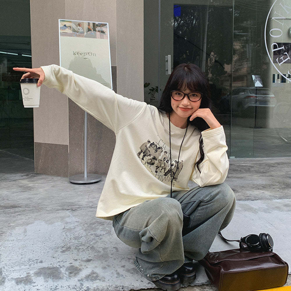 日系復古印花繡花寬鬆長袖t恤女秋新款寬鬆顯瘦純棉上衣