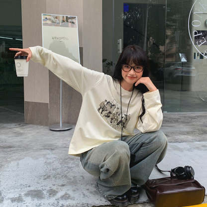 日系復古印花繡花寬鬆長袖t恤女秋新款寬鬆顯瘦純棉上衣