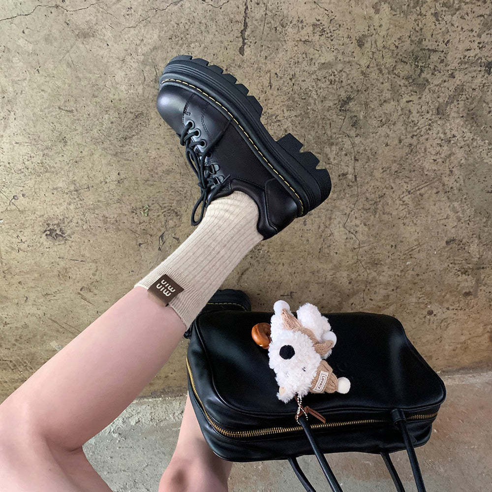 經典英倫風系帶圓頭百搭單鞋低跟德比小皮鞋女