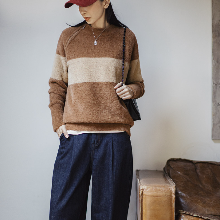 馬登女裝 美式拼色仿水貂絨毛衣寬鬆慵懶毛茸茸針織衫套頭圓領上衣冬女