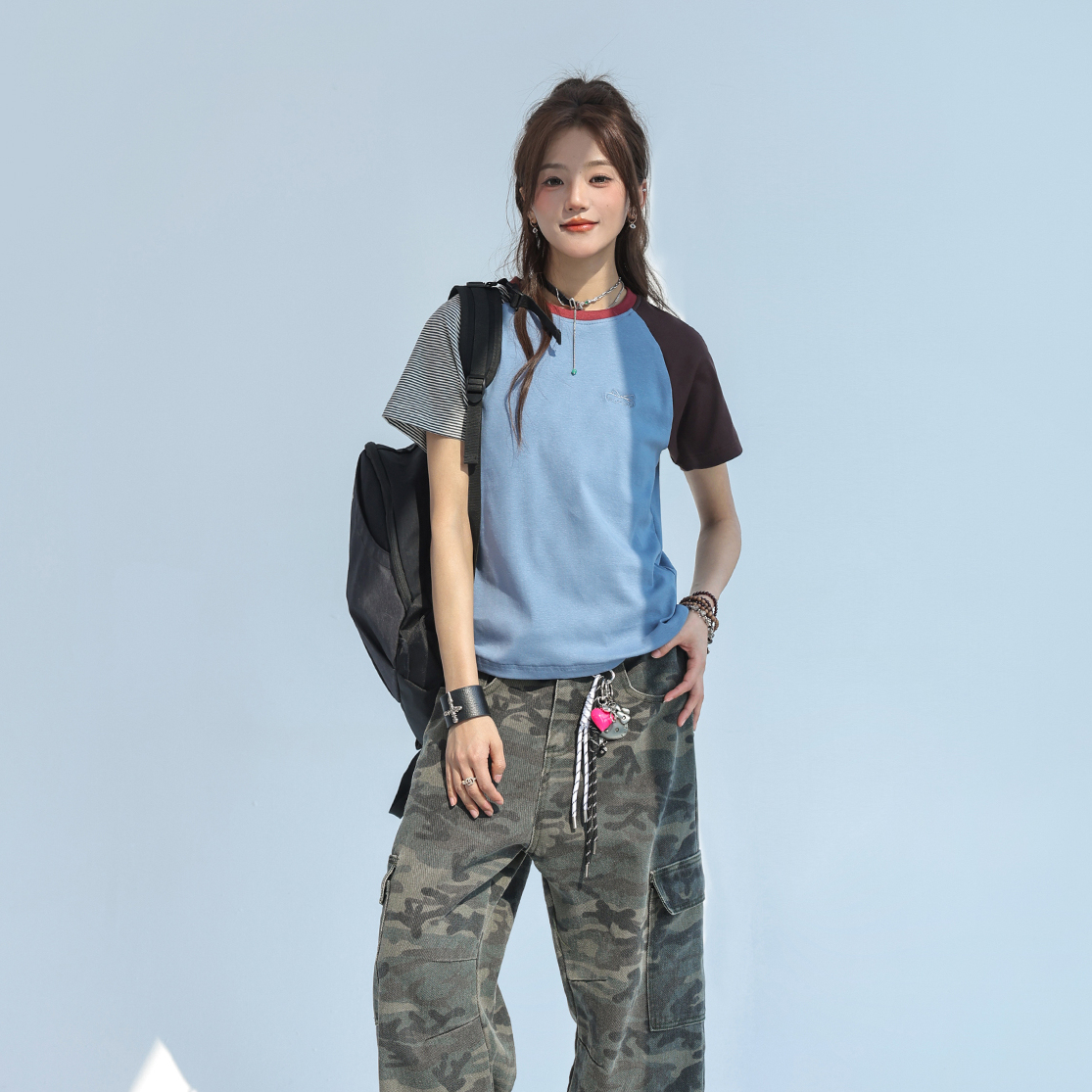 撞色拼接條紋短袖女t恤夏蝴蝶結刺繡上衣設計感小眾