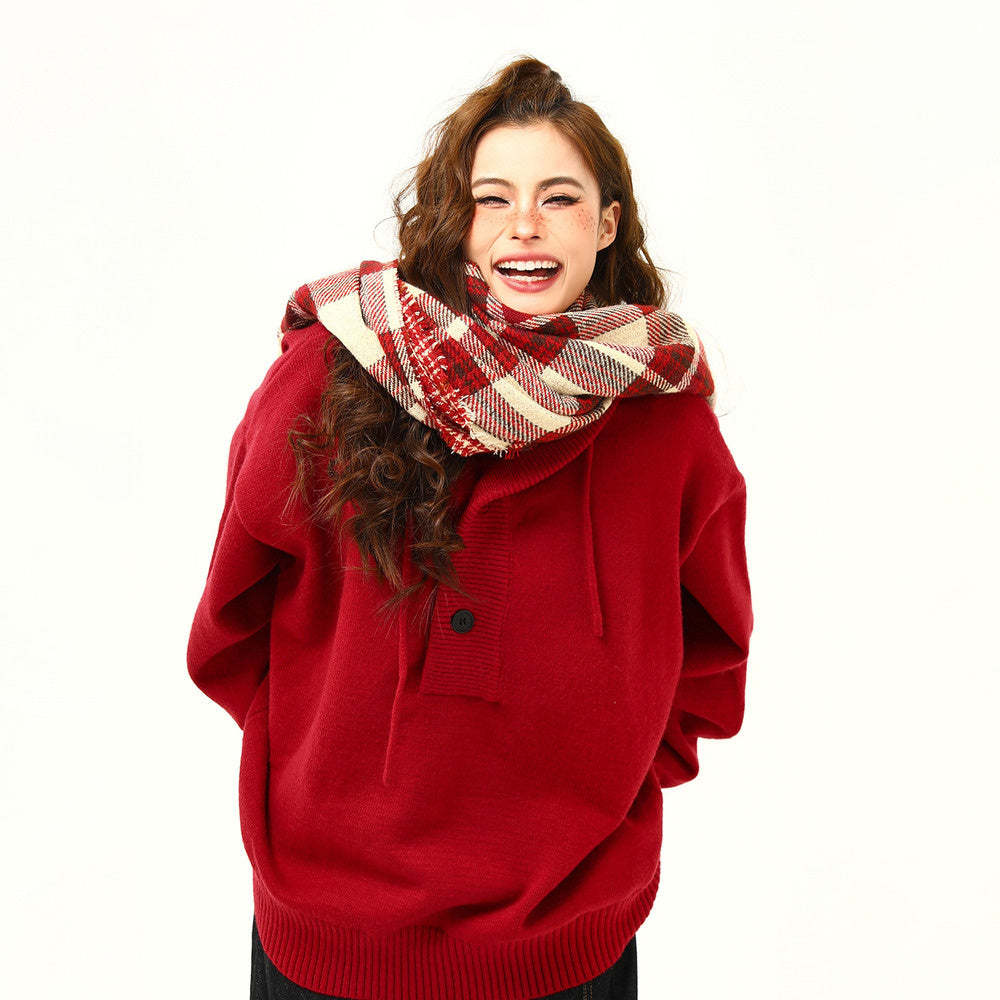 秋冬新品復古高級感灰色連帽毛衣女寬鬆慵懶風針織衫外套