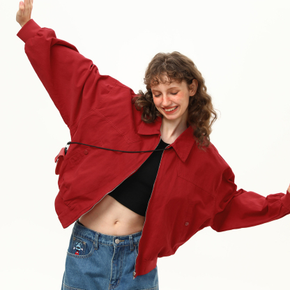 紅色哈靈頓夾克女秋季基礎百搭短寬鬆外套潮高級感上衣