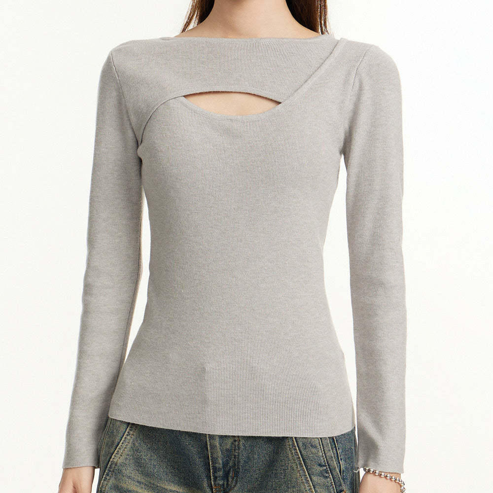 鏤空正肩長袖針織衫女早秋春秋季修身收腰內搭打底衫短款毛衣