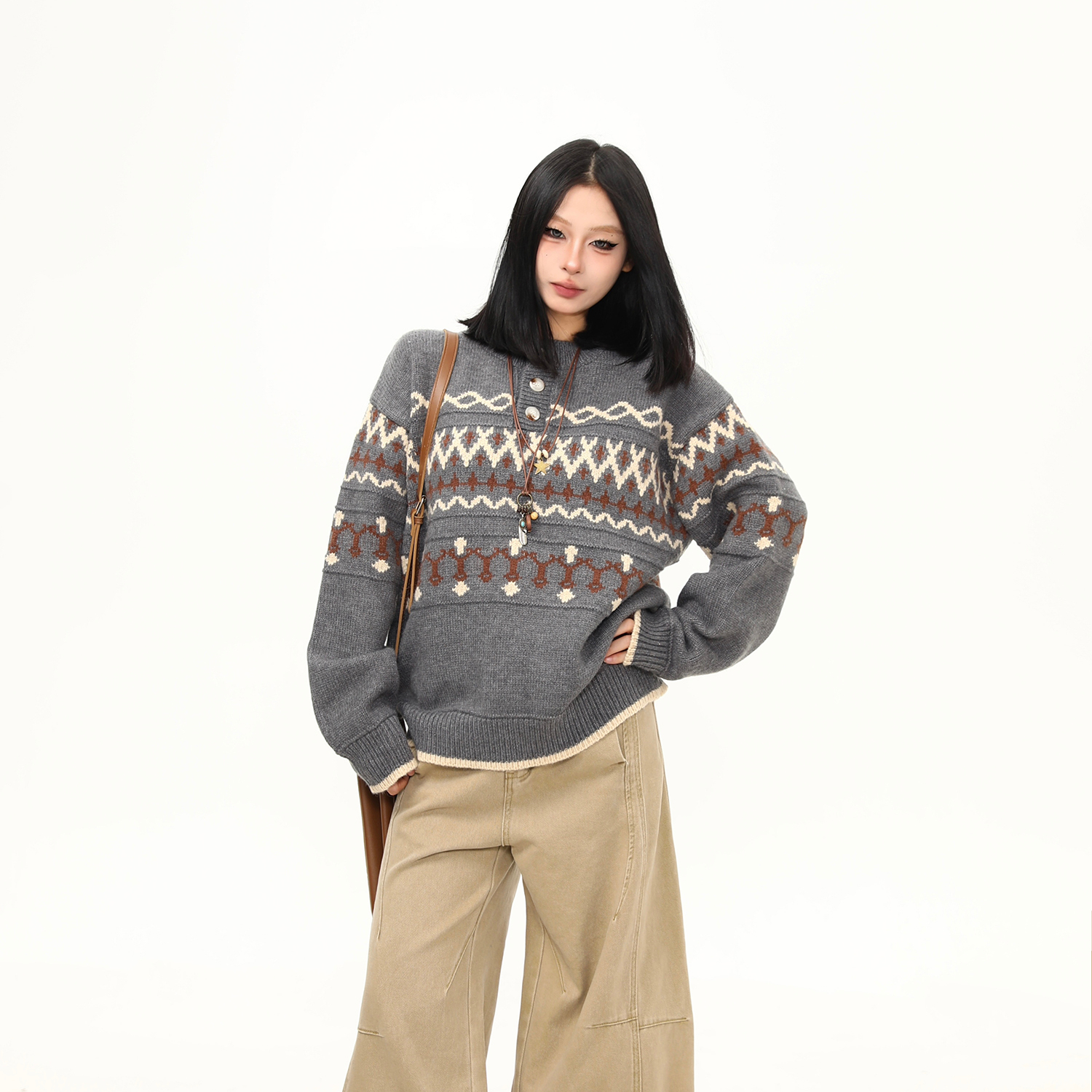 秋冬新款美式復古針織衫毛衣女寬鬆慵懶風套頭上衣