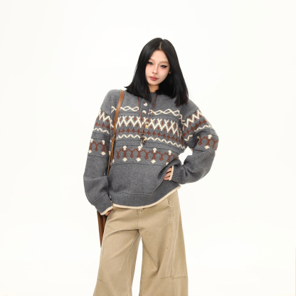 秋冬新款美式復古針織衫毛衣女寬鬆慵懶風套頭上衣