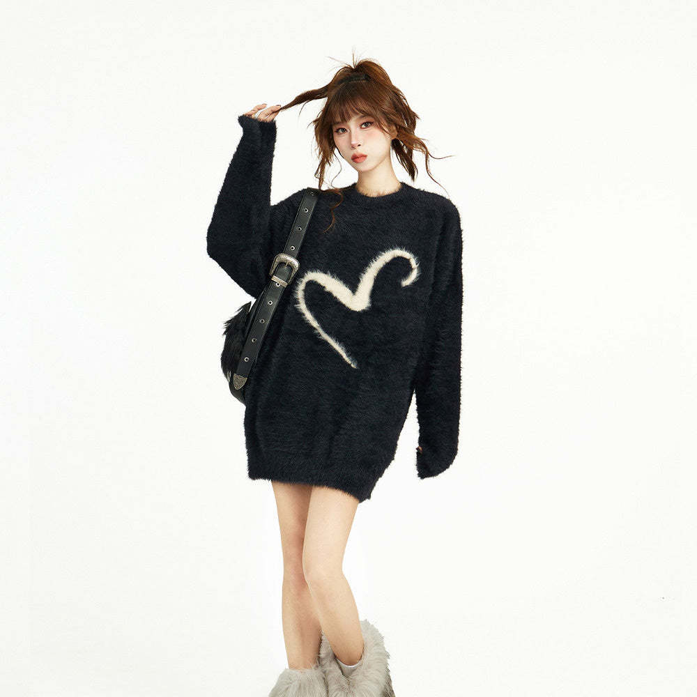 黑色套頭毛衣女秋冬冬季寬鬆慵懶風針織軟糯馬海毛加厚長款設計感