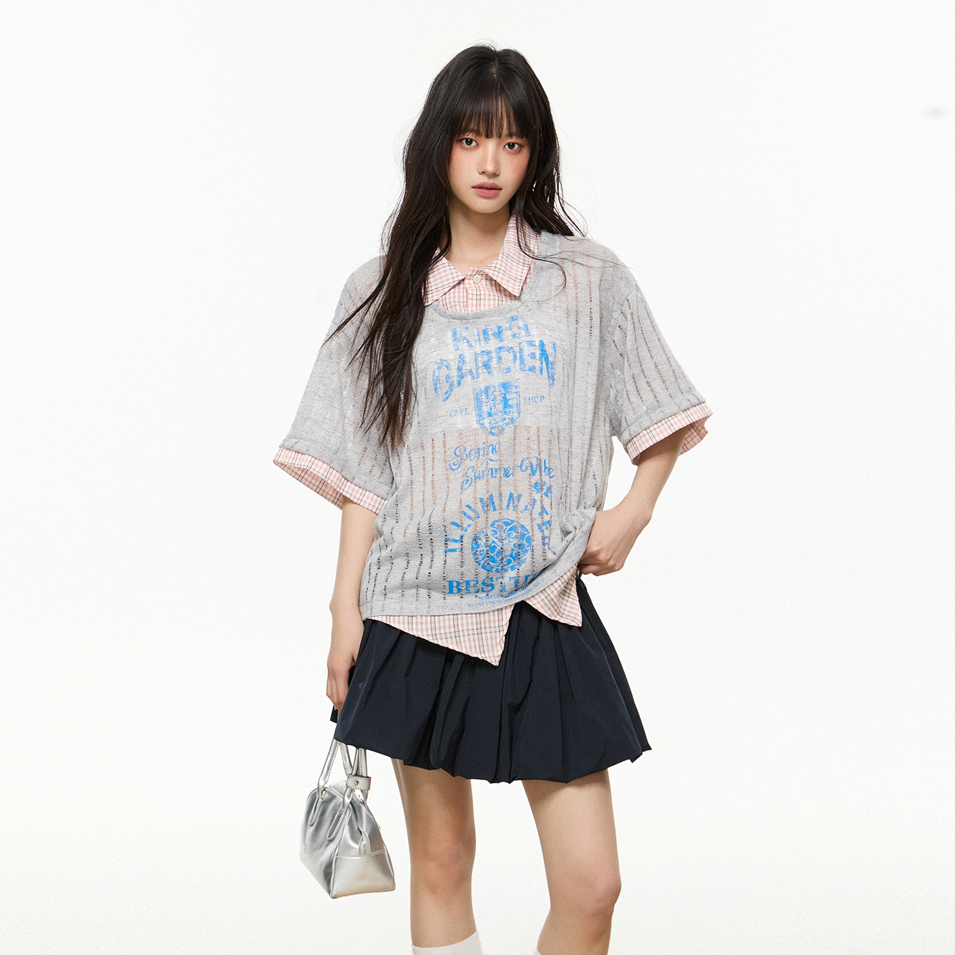 罩衫假兩件短袖t恤女2025夏季新款寬鬆襯衫領氣質套頭上衣女